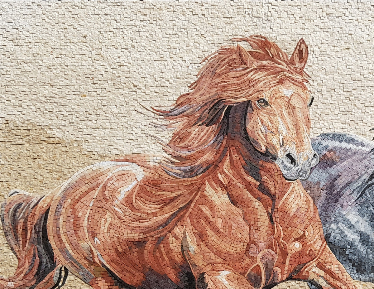 Handmade Horse Mosaic Tile Art: Marble Animal Mural (48” x 56”)