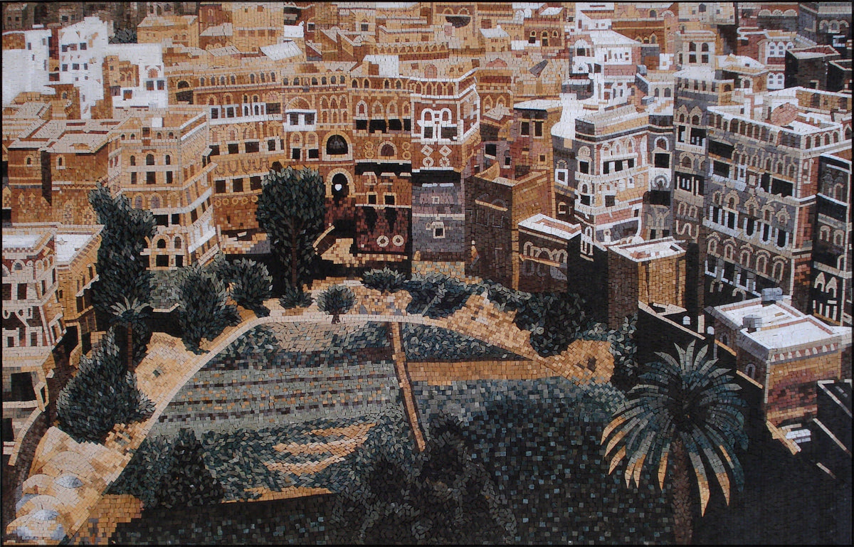 Handmade Yemen Mosaic Mural: Old City Traveler Artwork, Marble & Stone