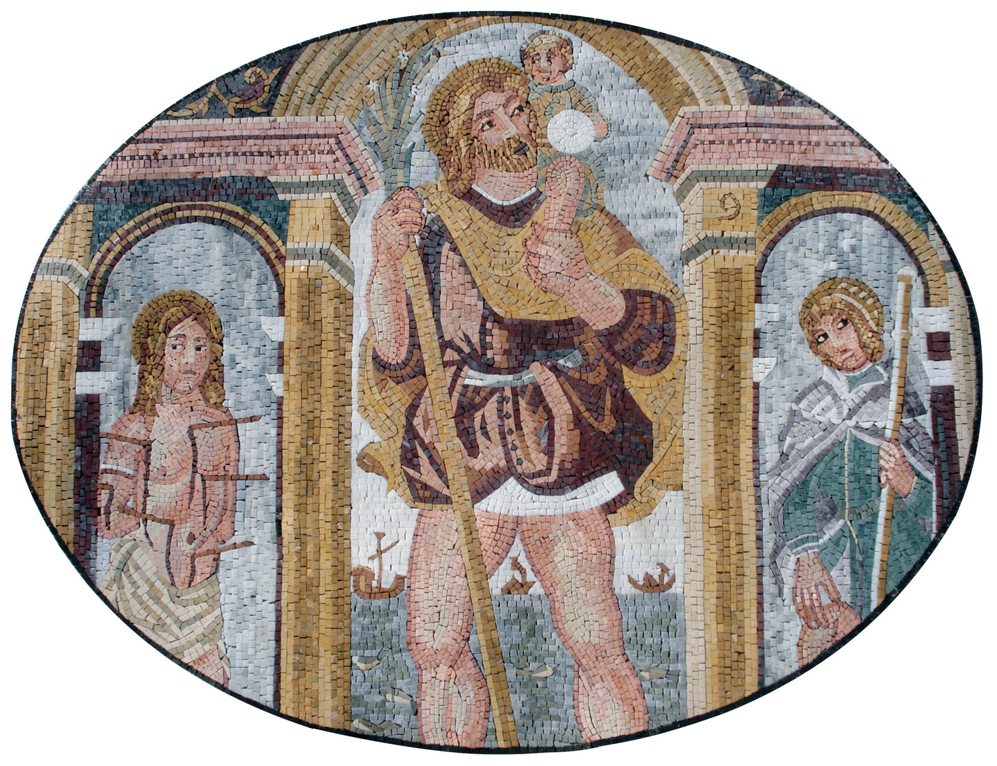 Handmade Roman Mosaic Mural: Triptych Marble Tiles (52” x 32")