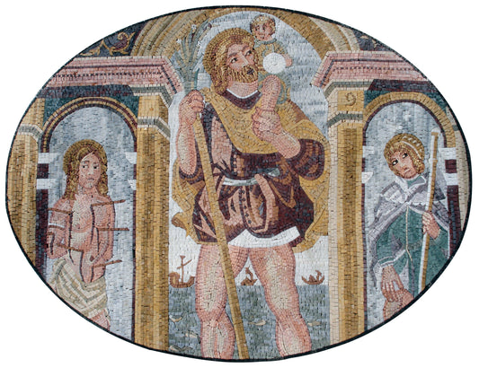 Handmade Roman Mosaic Mural: Triptych Marble Tiles (52” x 32")
