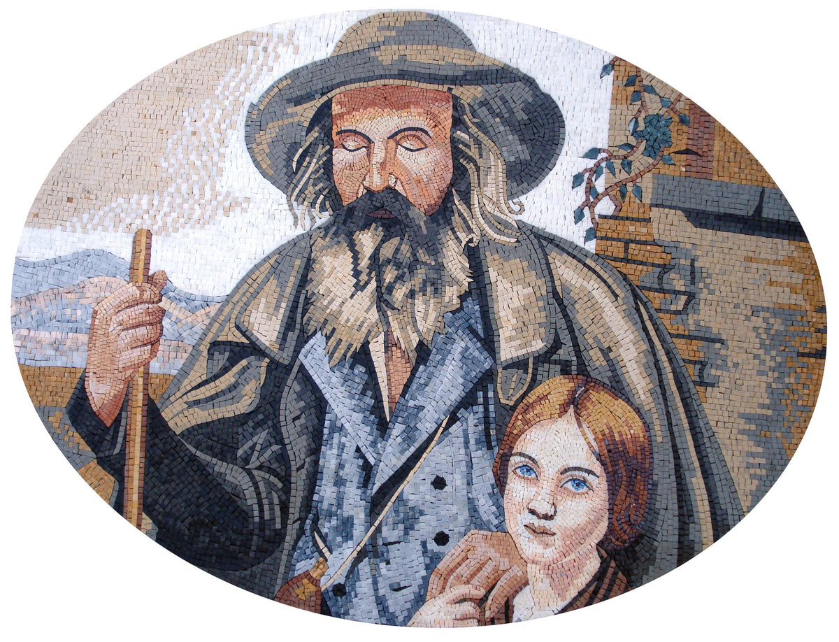 Handmade Marble Mosaic Tile: Blind Man Portrait, Interior & Outdoor Decor (52” x 32”)