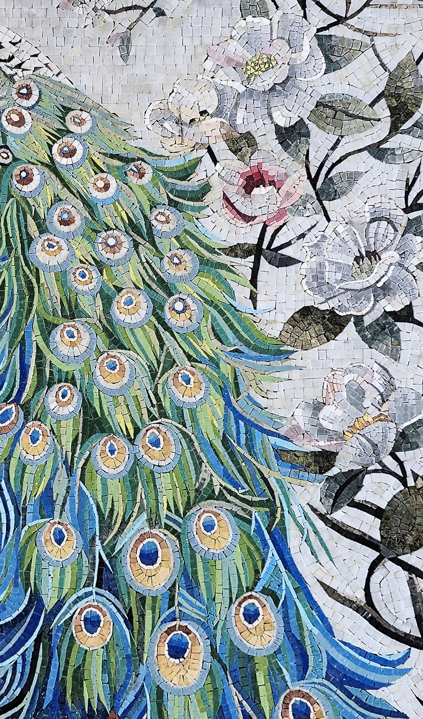 68"x40" Peacock Mosaic Wall Art – Vibrant Bird Inlay, Nature-Inspired Home Decor, Customization Available
