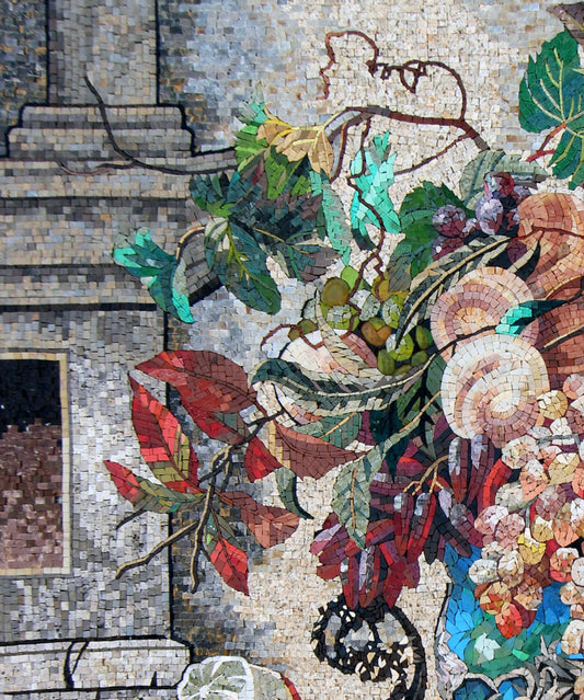 48"x40" Flower and Fruit on Table Mosaic Wall Art – Still Life Scene, Elegant Home Decor, Customization available