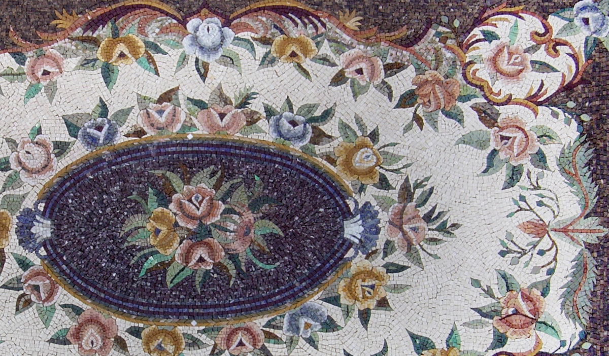 Handmade Marble Mosaic Rug: Floral Art Tile, Home Decor (64” x 110")