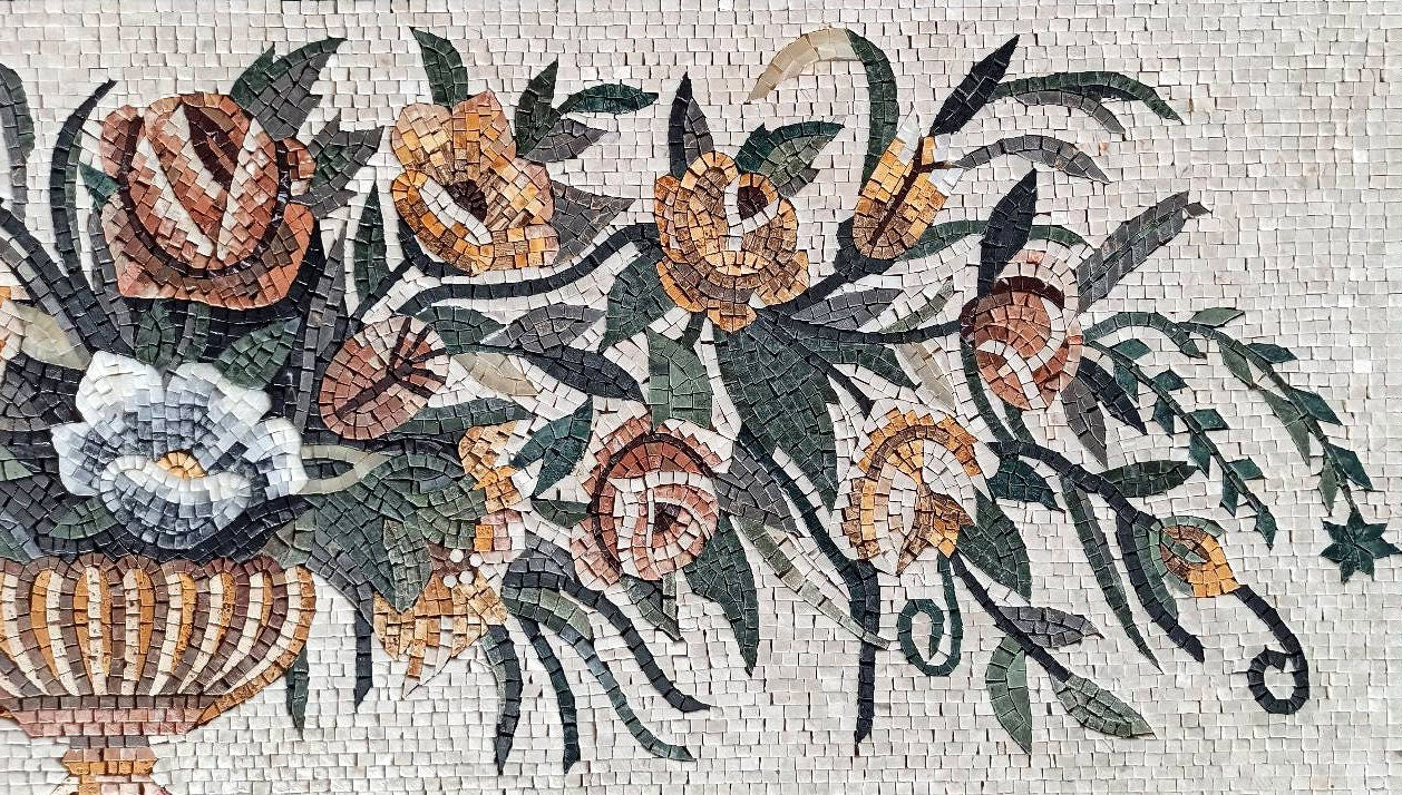 Handmade Rose Marble Mosaic Art: Flower Vase Wall Decor (72” x 24")
