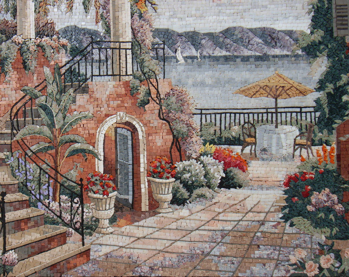 Handmade Seascape Mosaic Tile Art: Vintage Coastal Courtyard (40” x 32”)