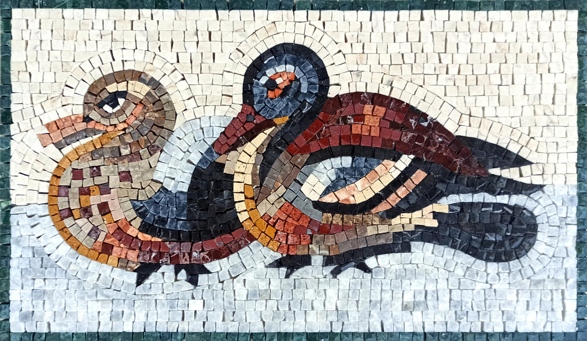 DUCK MOSAIC TILES | Animal Mosaic Tiles For House Warming | Mallard Duck Pair Swimming In Pond Art Tiles For Interior Hall And Room Walls