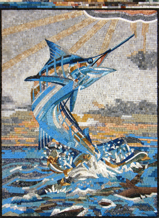 Handmade Swordfish Mosaic Mural: Leaping Marlin Marble Wall Art