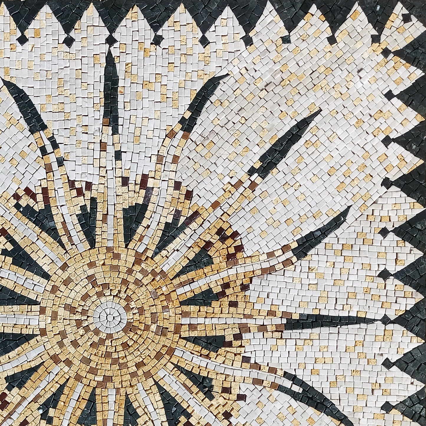 Celestial Sun Mosaic Tile Art: Handmade Marble Backsplash (32x32)