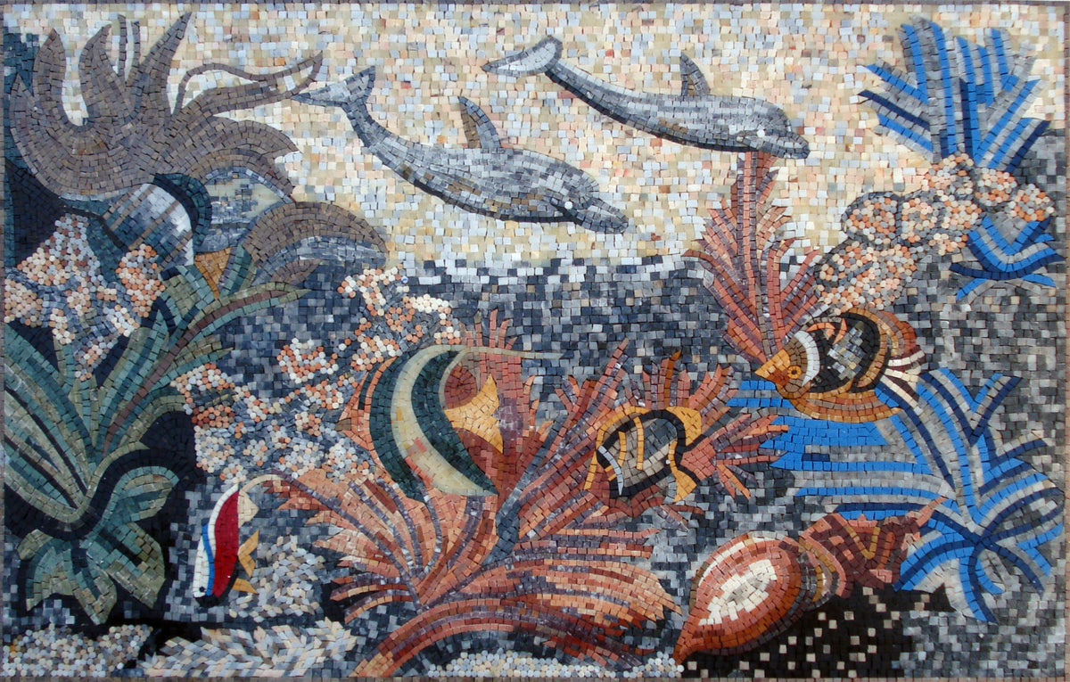 Handmade Dolphin Mosaic Mural: Coral Reef Marble Wall Art (52” x 34")