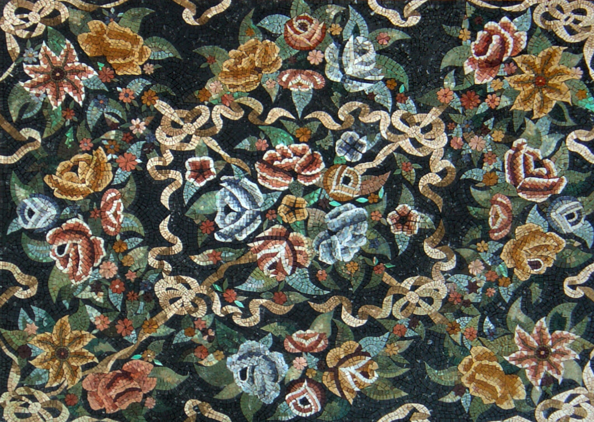 Handmade Floral Mosaic Rug: Natural Stone Art Carpet (80” x 60")