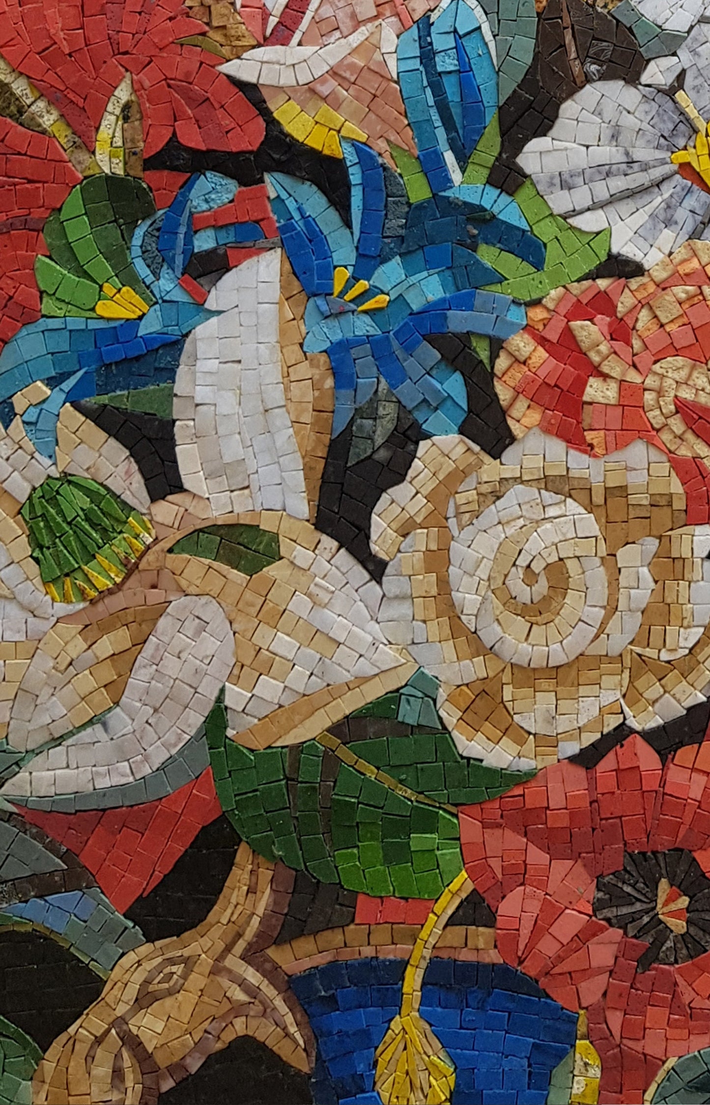 Flower Bouquet Mosaic Art: Roses in Blue Vase, Marble Interior Decor