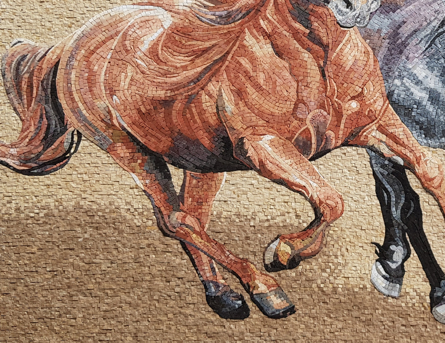 Handmade Marble Mosaic Tile: Two Running Horses Artwork (48” x 56")