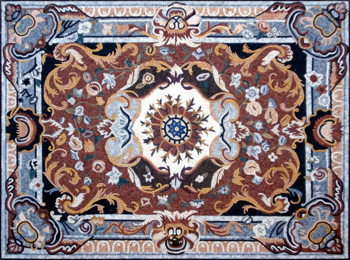 Handmade Marble Stone Mosaic Rug: Floral Medallion Design