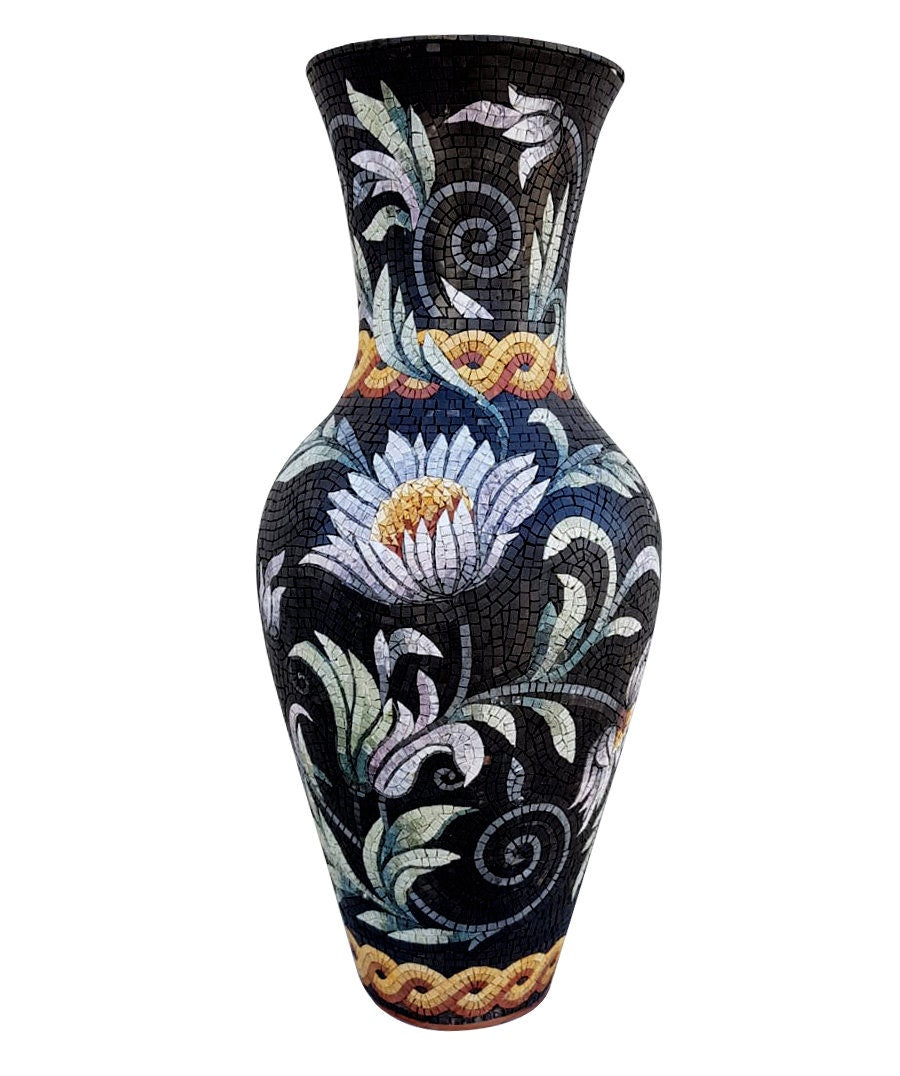 Handmade Floral Mosaic Marble Vase: Black & White Home Decor