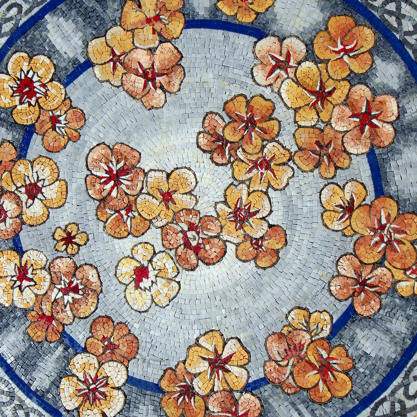 Handmade Artisanal Blooms Round Orange & Gold Petunia Flowers Mosaic Medallion Art Tile