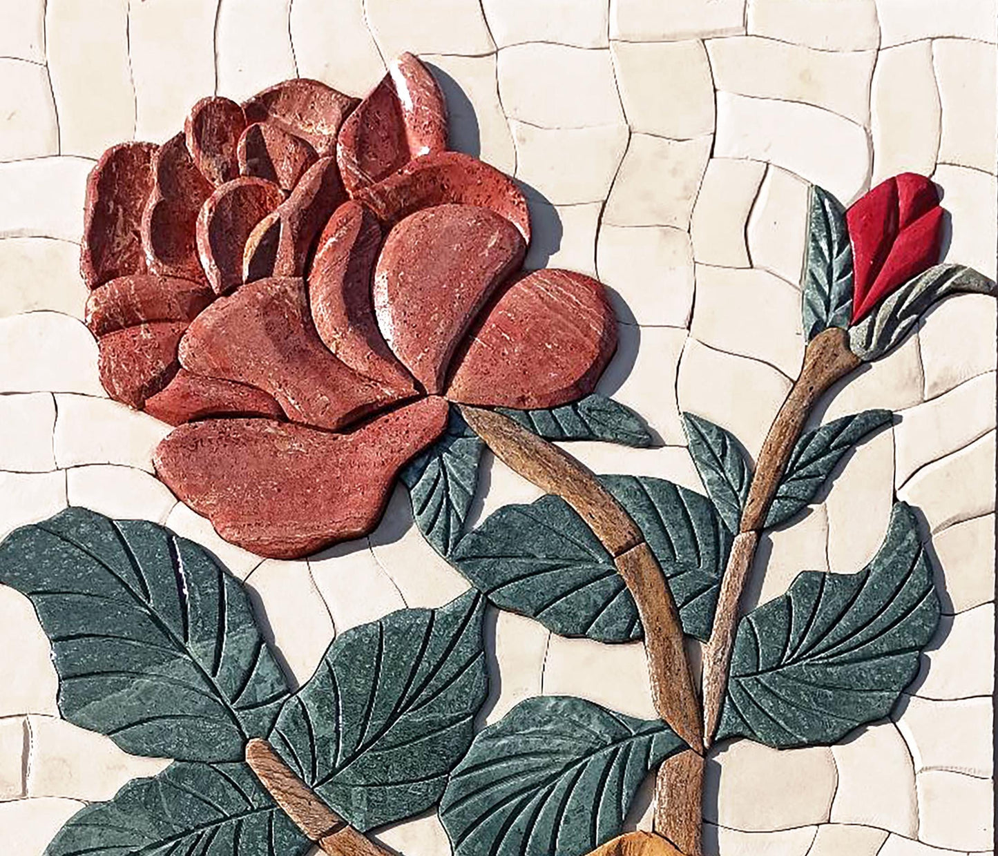 14"x20" Red & Gold Roses Mosaic – Handmade Embossed Marble Tile Wall Art, Customization available