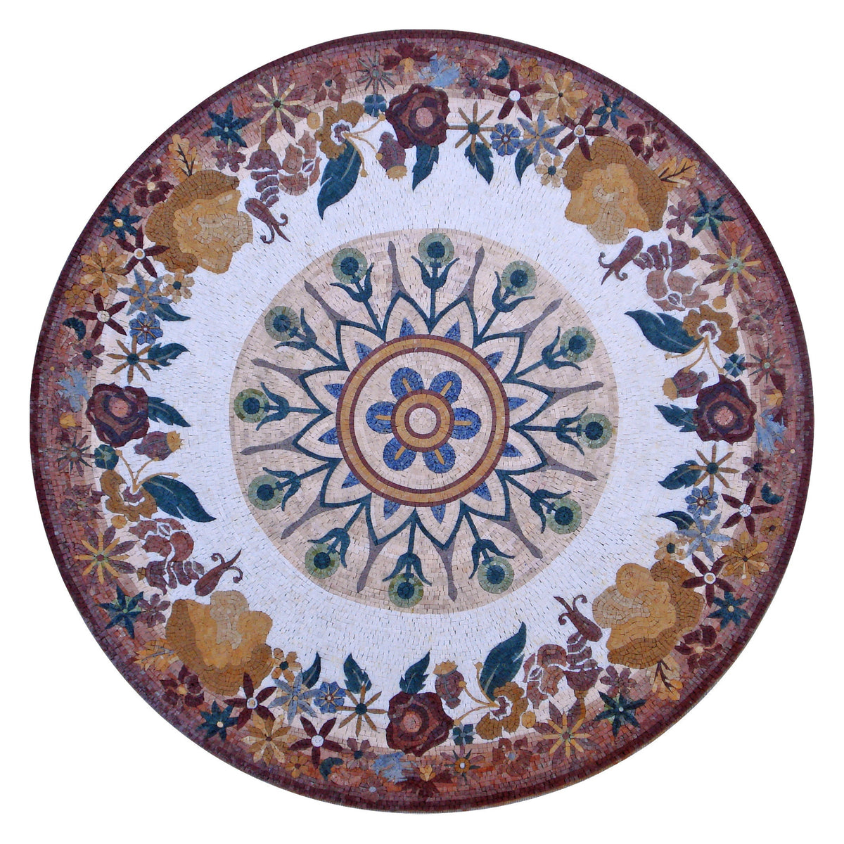 72" Handmade Marble Mosaic Medallion: Floral Stone Tile Decor