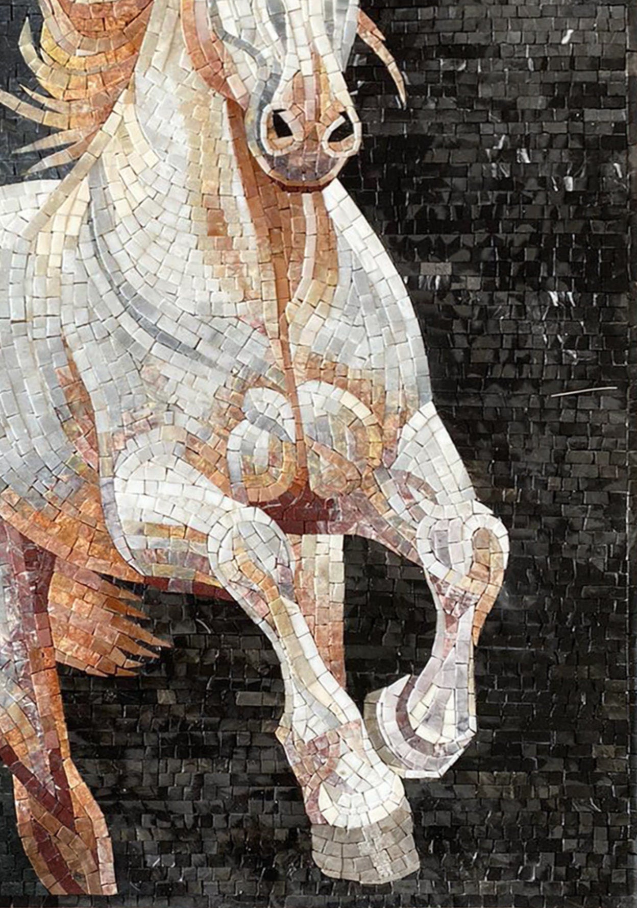 Handmade Marble Horse Mosaic Tile Art: Running Stallion Portrait