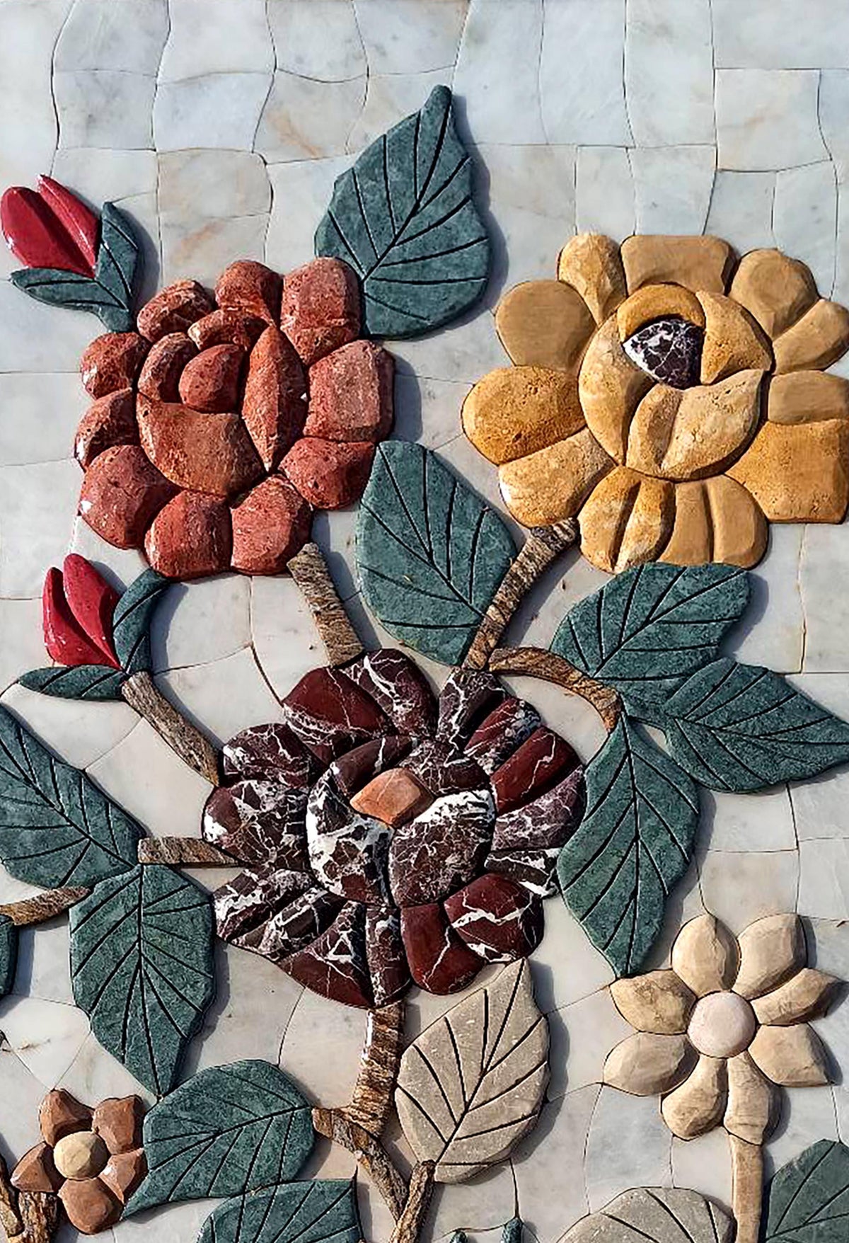 16"x24" Multicolored Flower Mosaic – Handmade Marble Tile Wall Art, Chunky Floral Design, Customization available