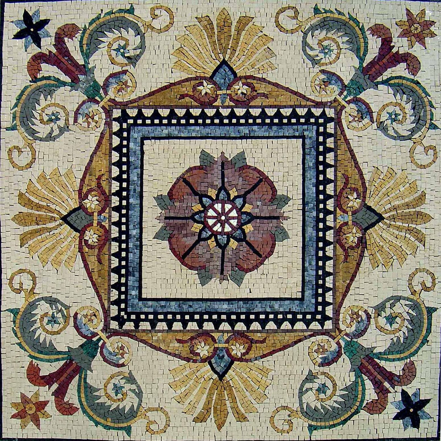 48” Floral Marble Mosaic: Geometric Inlay Tile Art