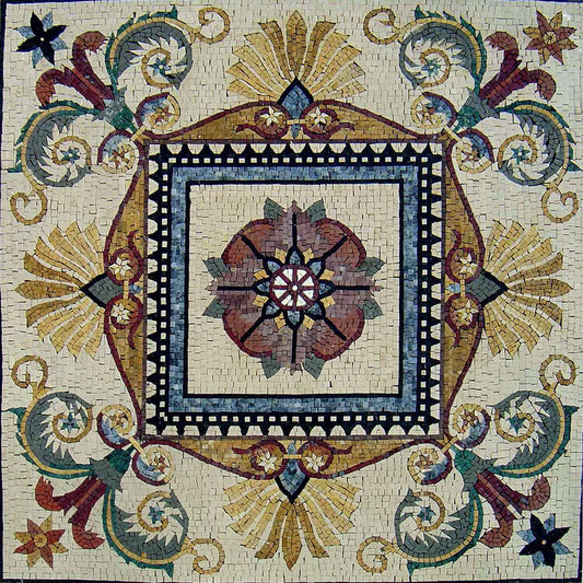 48” Floral Marble Mosaic: Geometric Inlay Tile Art