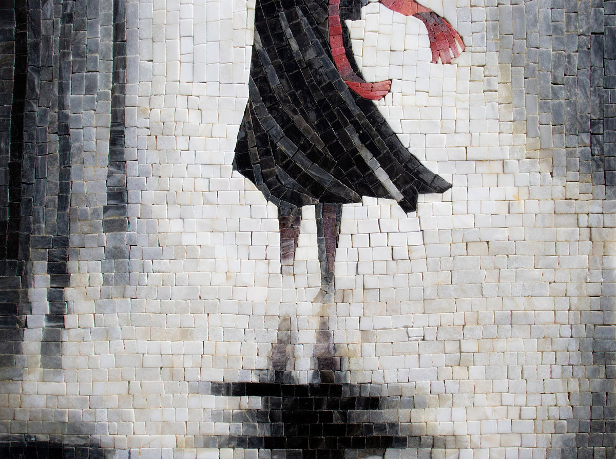 Handmade Marble Mosaic Art: Women in Rain with Red Umbrella (28” x 20”)