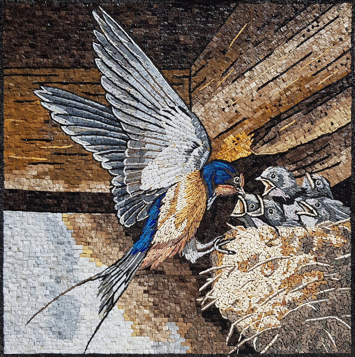 Handmade Bird Mosaic Tile Art: Mother Feeding Chicks, Stone Wall Decor