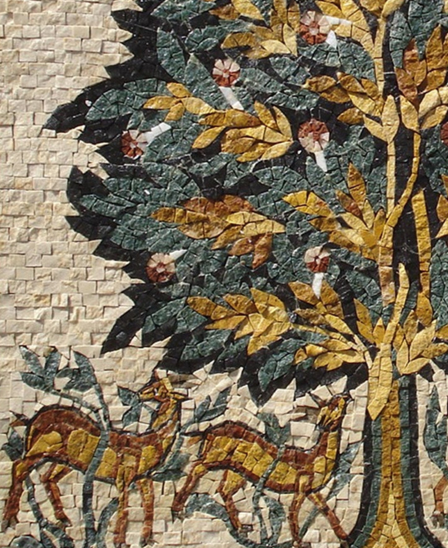 Handmade Tree of Life Mosaic Art Tile: Lion & Deer (28x28")