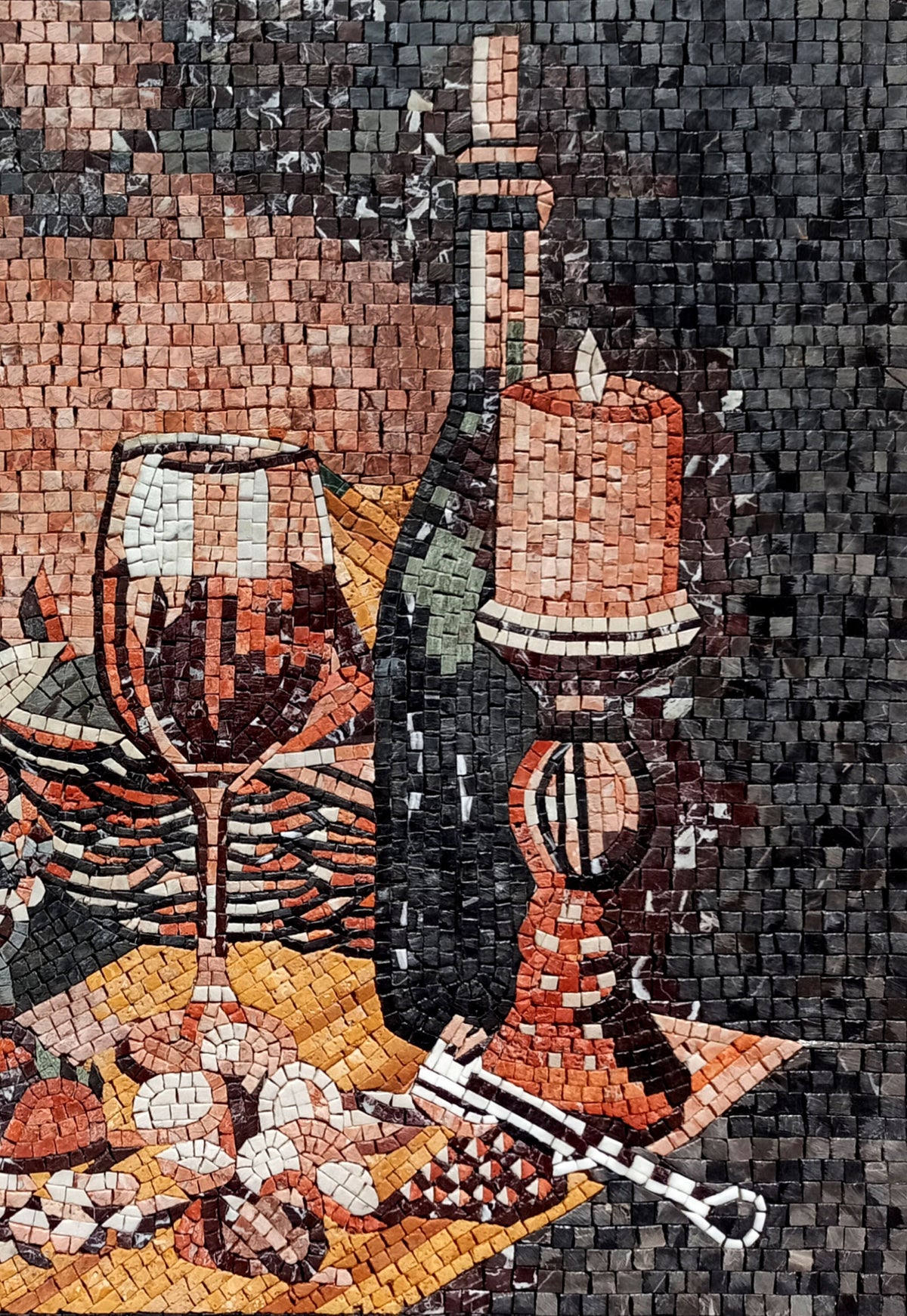 Handmade Still Life Mosaic: Fruit Basket, Sunflower, Candlelit Backsplash