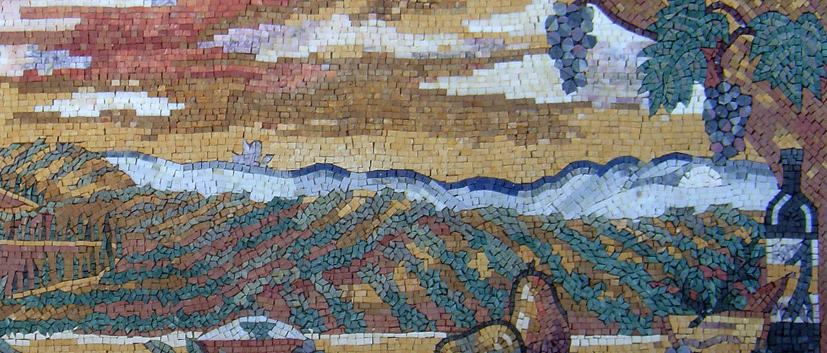 Handmade Fruit Mosaic Tile Art: Kitchen Backsplash, Stone Wall Decor (64” x 28”)