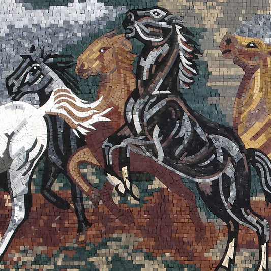 Handmade Horse Mosaic Tile Mural: Galloping Horses Stone Art (86" x 40")