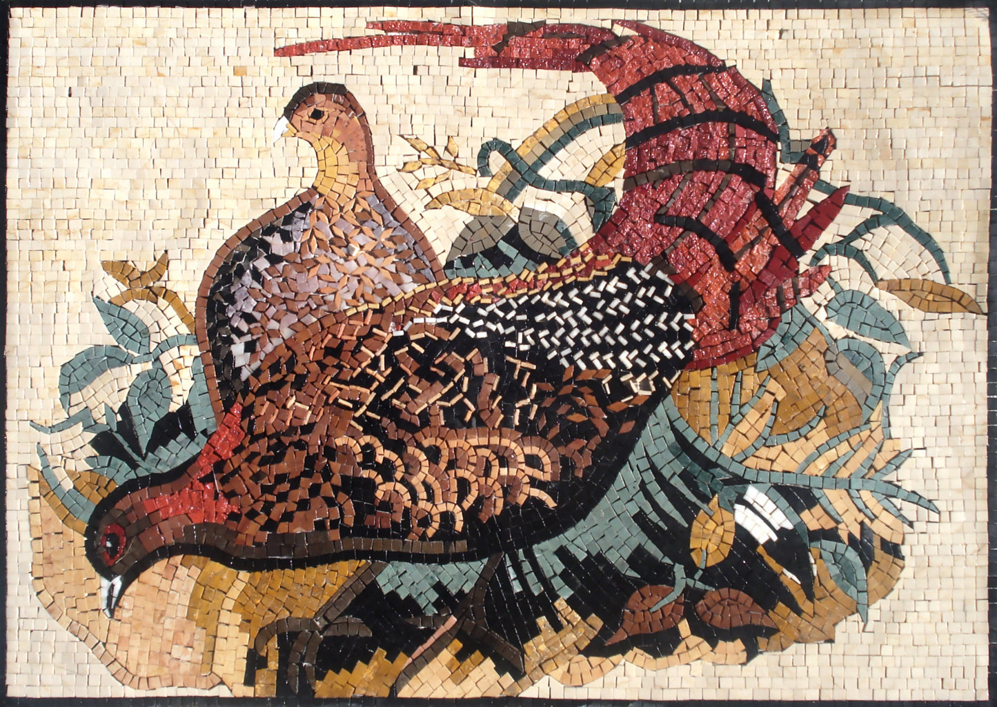 Pheasant Mosaic Tile Art: Handmade Marble Bird Mural (36" x 24")