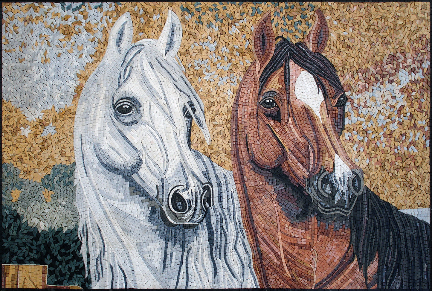Handmade Horse Mosaic Tile Art: Brown & White Marble (40x28)