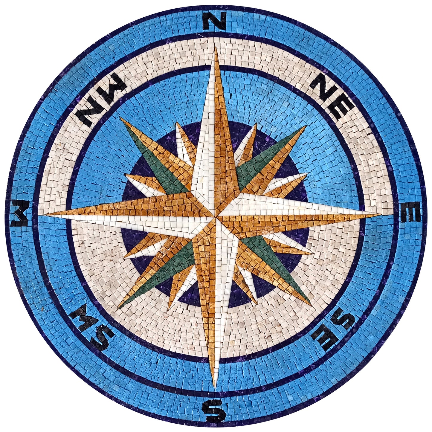 Handmade Windrose Mosaic Tile: Compass Medallion, Indoor/Outdoor Decor (32")