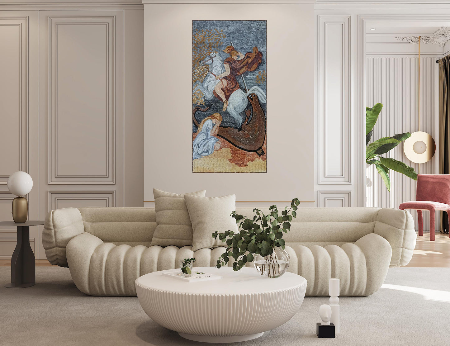 26"x52" Saint George Slaying the Dragon Mosaic – Religious Christian Decor, Custom Sacred Mura, Customization available