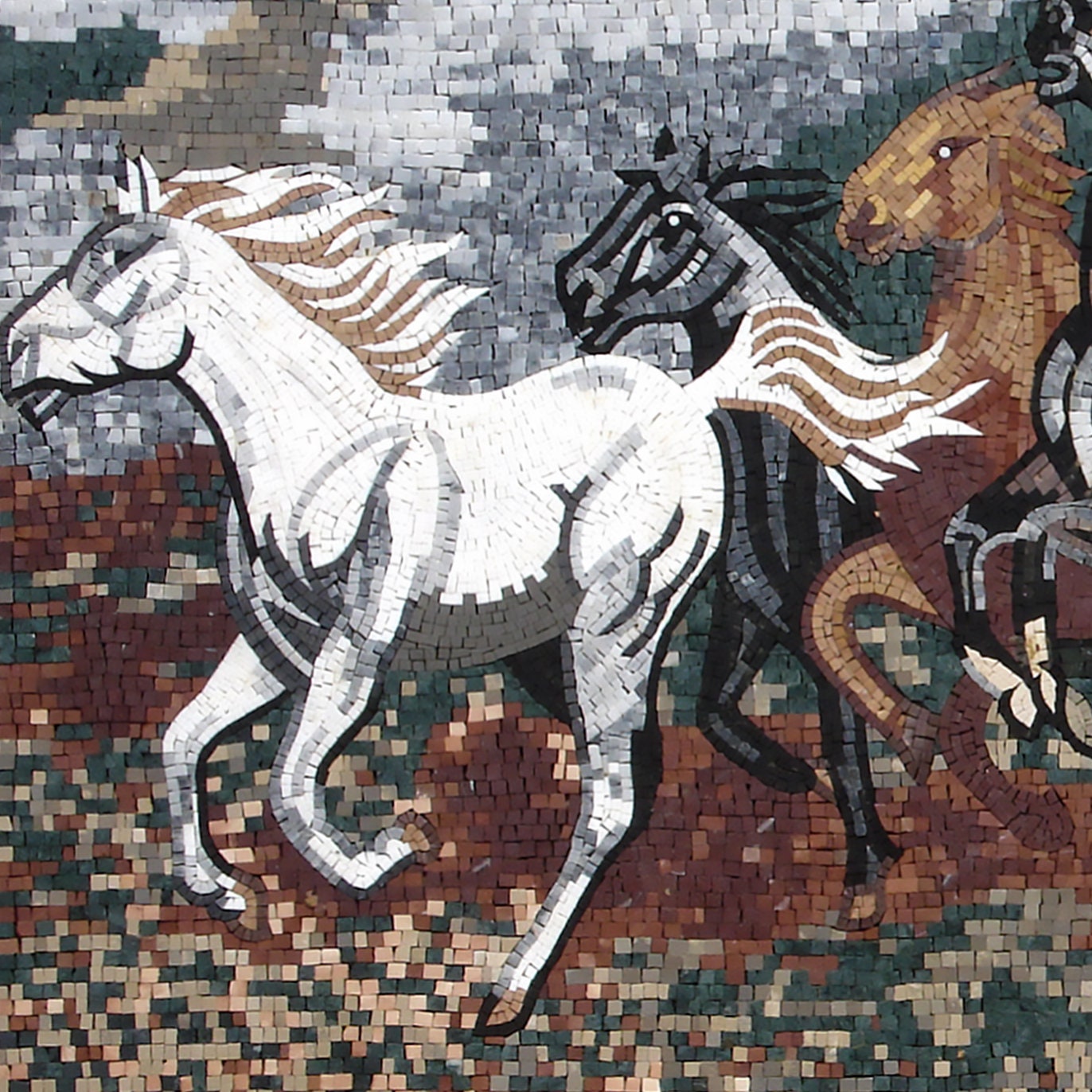 Handmade Horse Mosaic Tile Mural: Galloping Horses Stone Art (86" x 40")