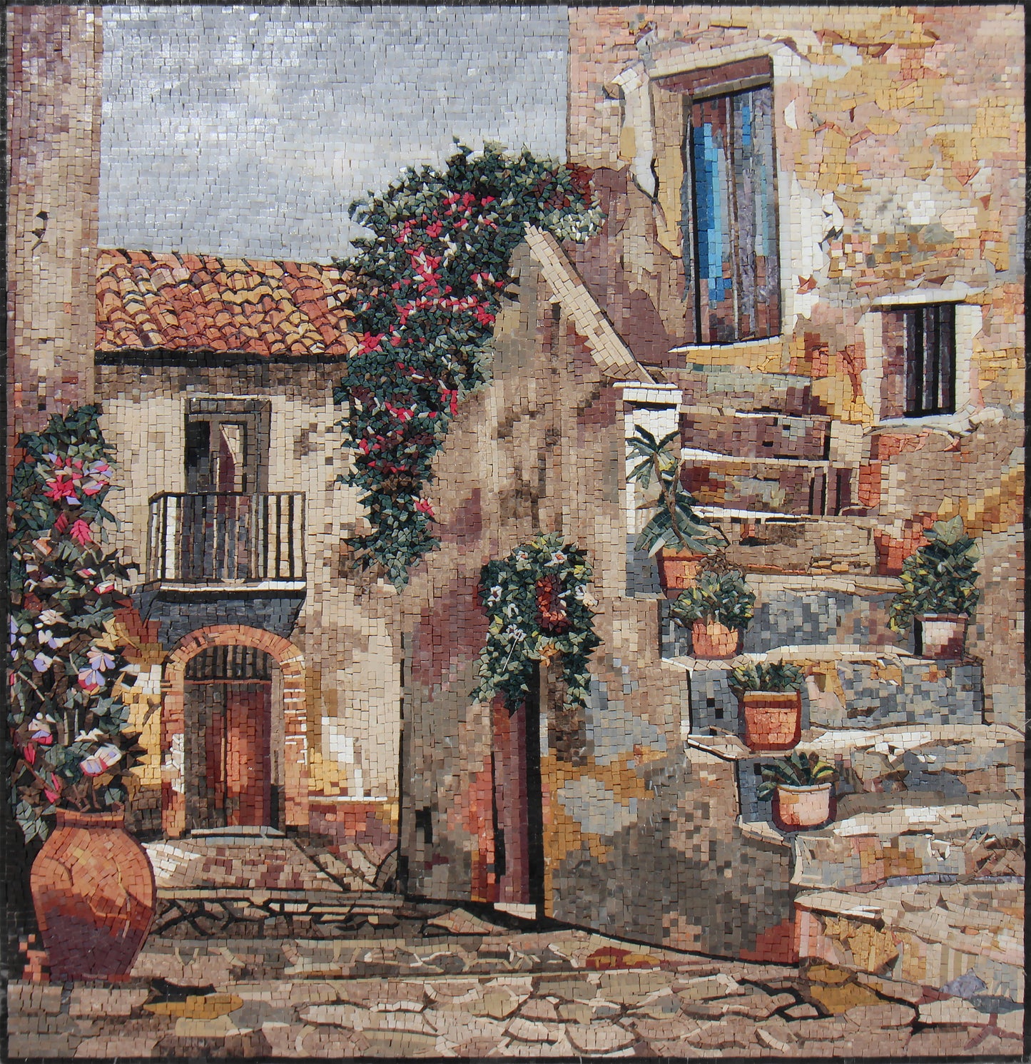 Handmade Cobblestone Street Mosaic Tile Art: European Town Floral Design