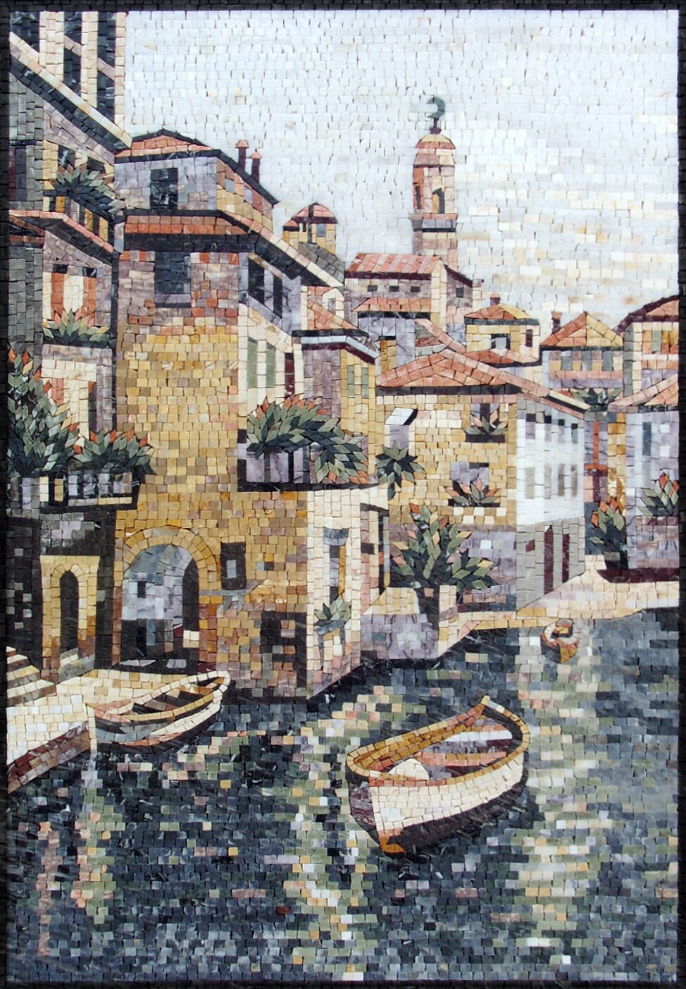 Coastal City Mosaic Tile Art: Handmade Marble Artwork (40” x 28”)
