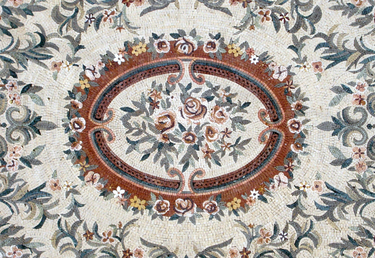 Handmade Floral Marble Mosaic Rug: Dining Room Floor Carpet (92” x 60”)