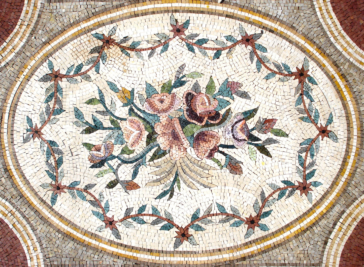 Floral Marble Mosaic Rug: Handmade Stone Carpet (104” x 72")