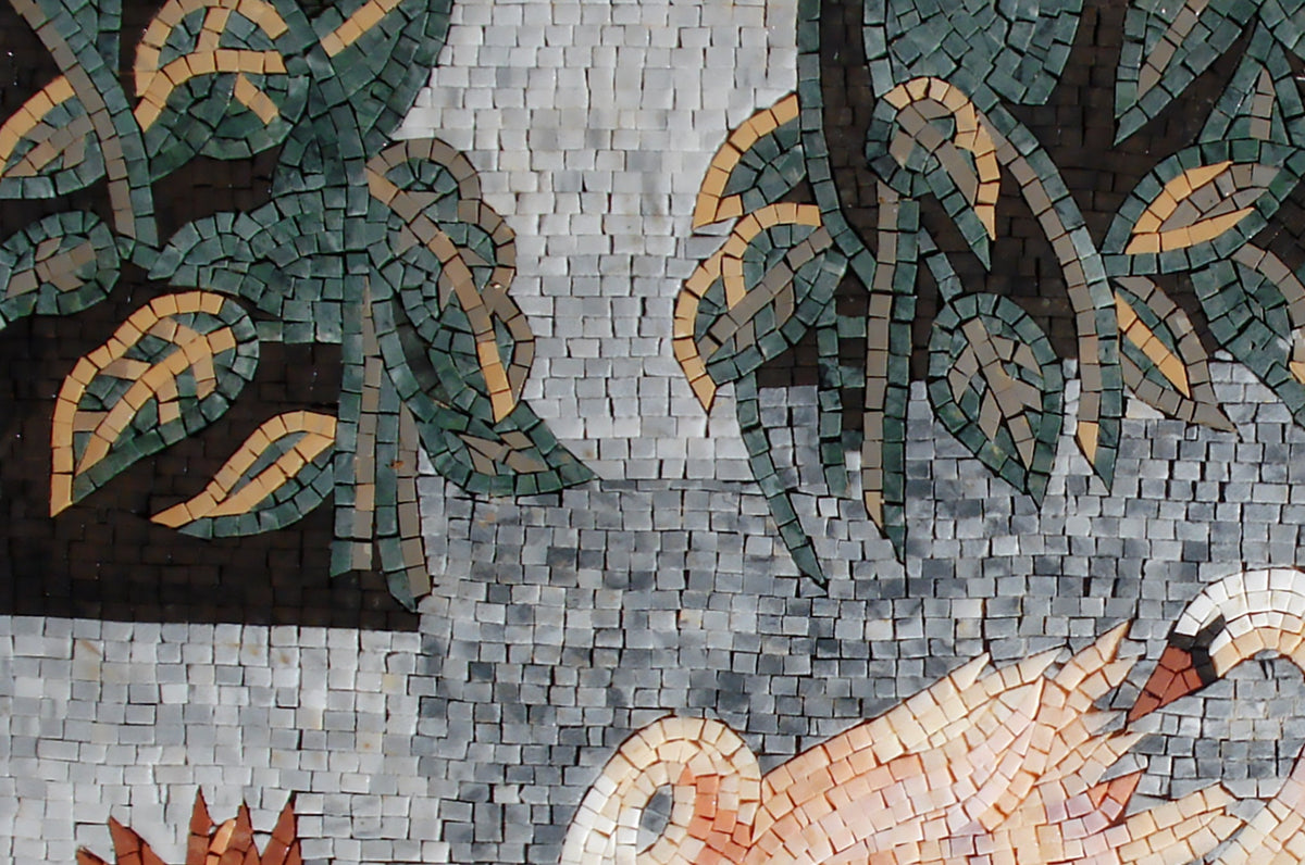 Swan Mosaic Tile Art: Handmade Marble Mural (36" x 24")