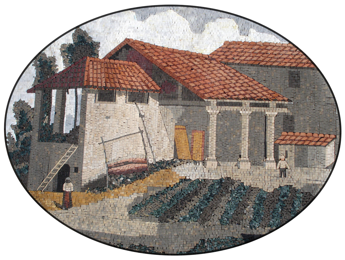 Handmade Marble Mosaic Tile Art: Rustic House Countryside Scene