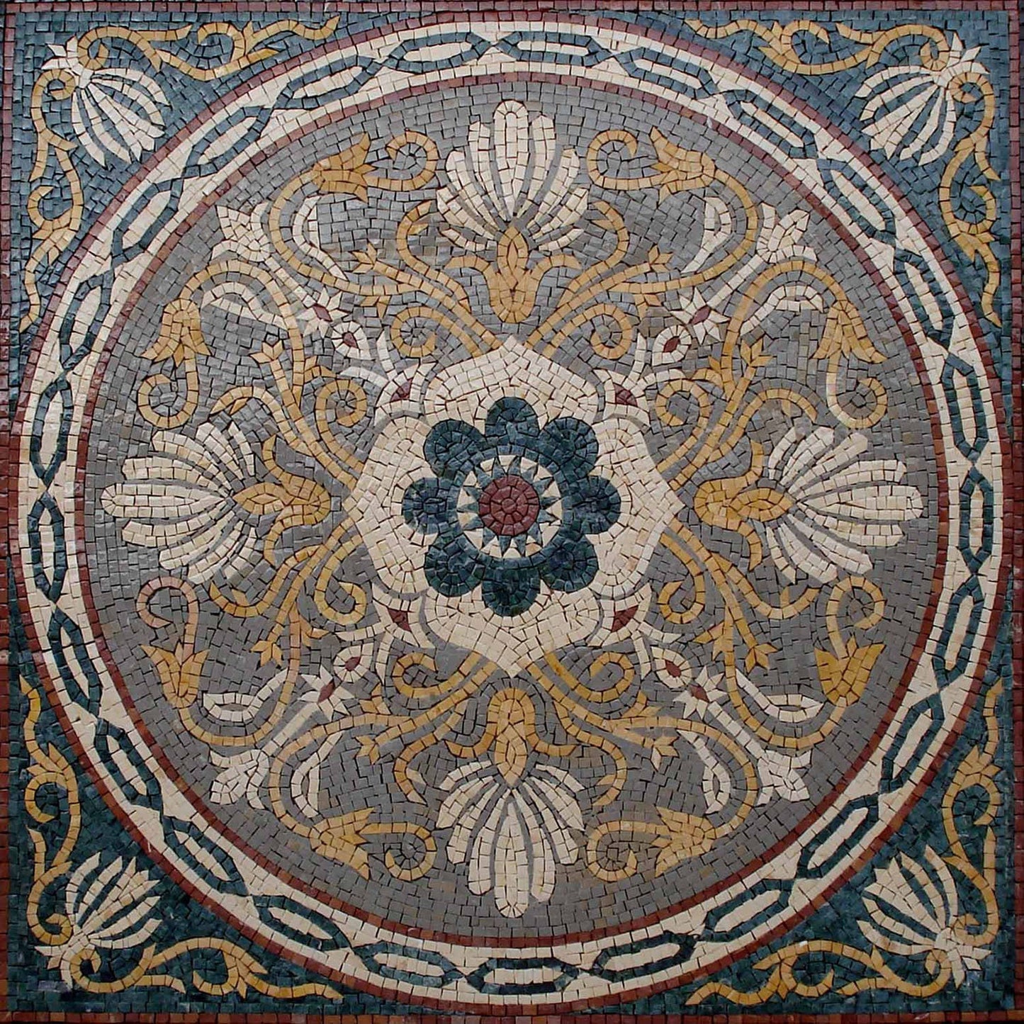 Geometric Mosaic Tile: Marble Medallion, Botanical Inlay (24x24)