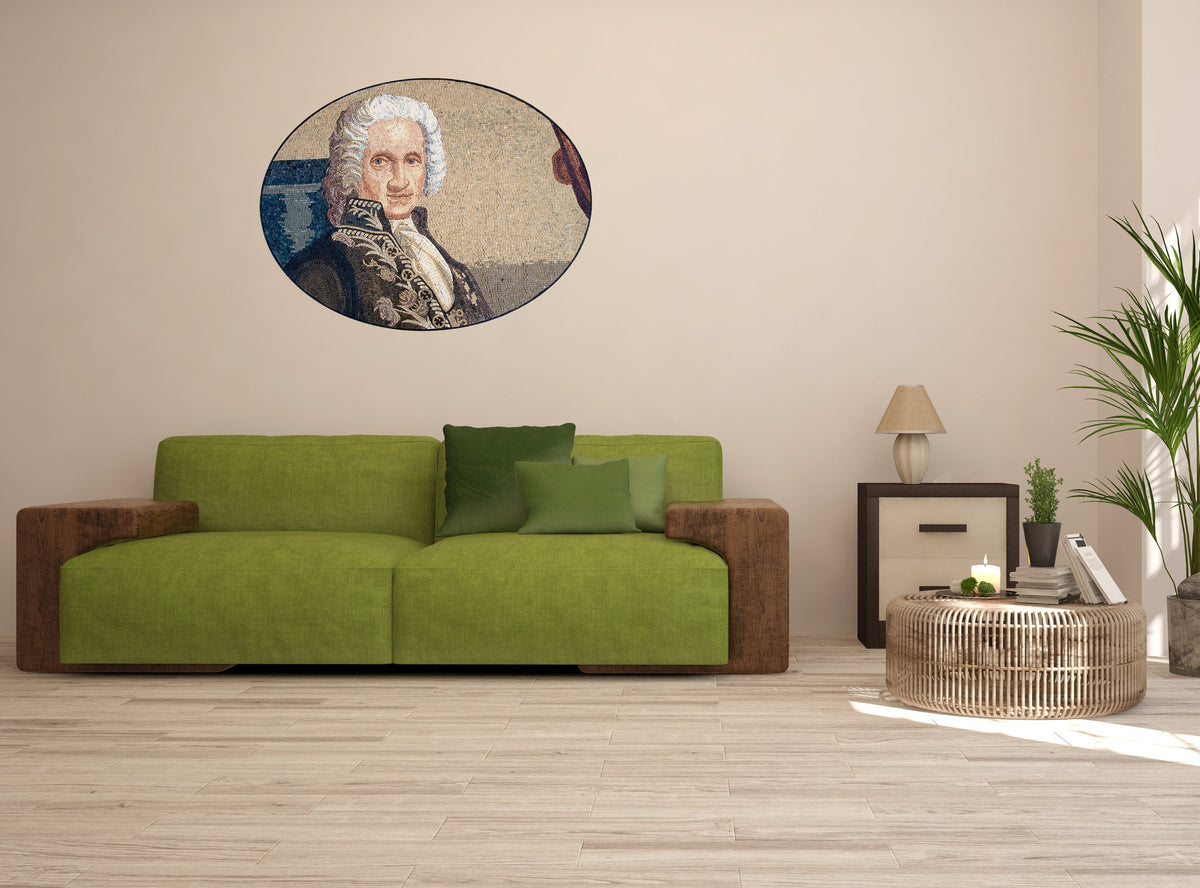 Handmade Marble Mosaic Mural: Old Rich Judge Portrait, Interior/Outdoor Decor (52” x 32”)