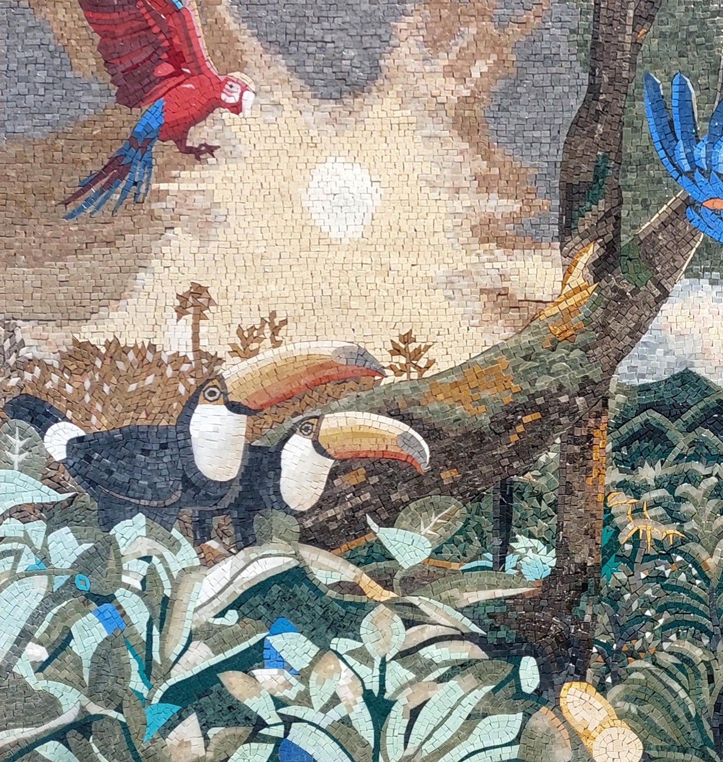 90"x40" Parrots Mosaic Wall Art –Vibrant Tropical Bird Scene, Nature-Inspired Home Decor, customization available