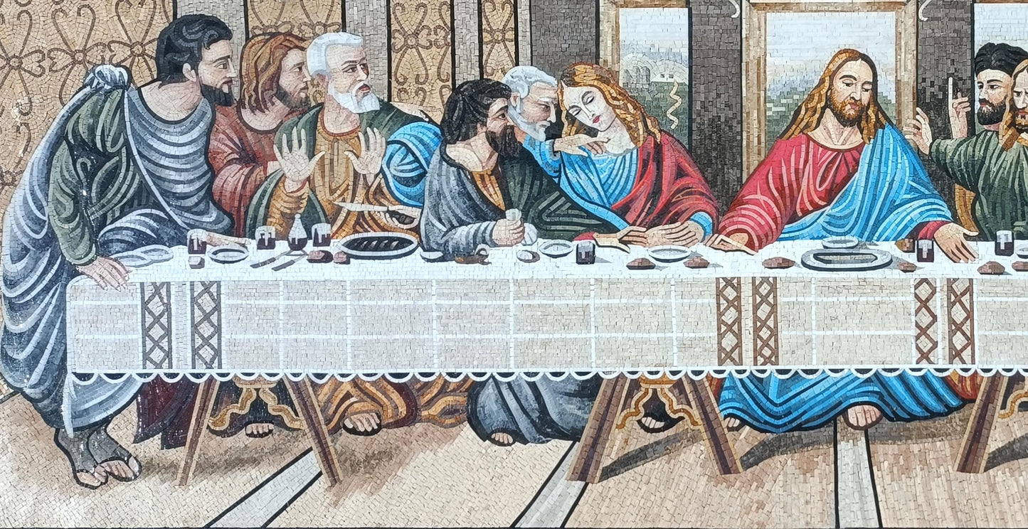 80"x40" Ancient People Having Dinner Mosaic Wall Art -  Historical Dining Scene, Classical Home Decor, Customization available