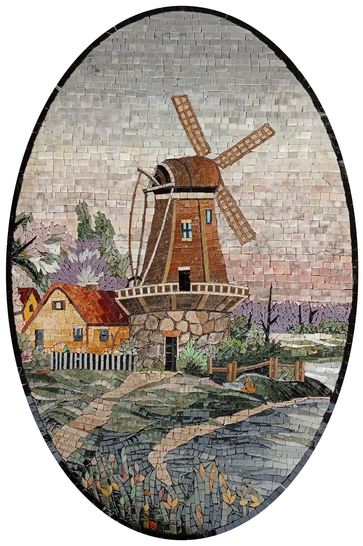 Handmade Marble Mosaic Wall Art: Windmill Landscape Scene