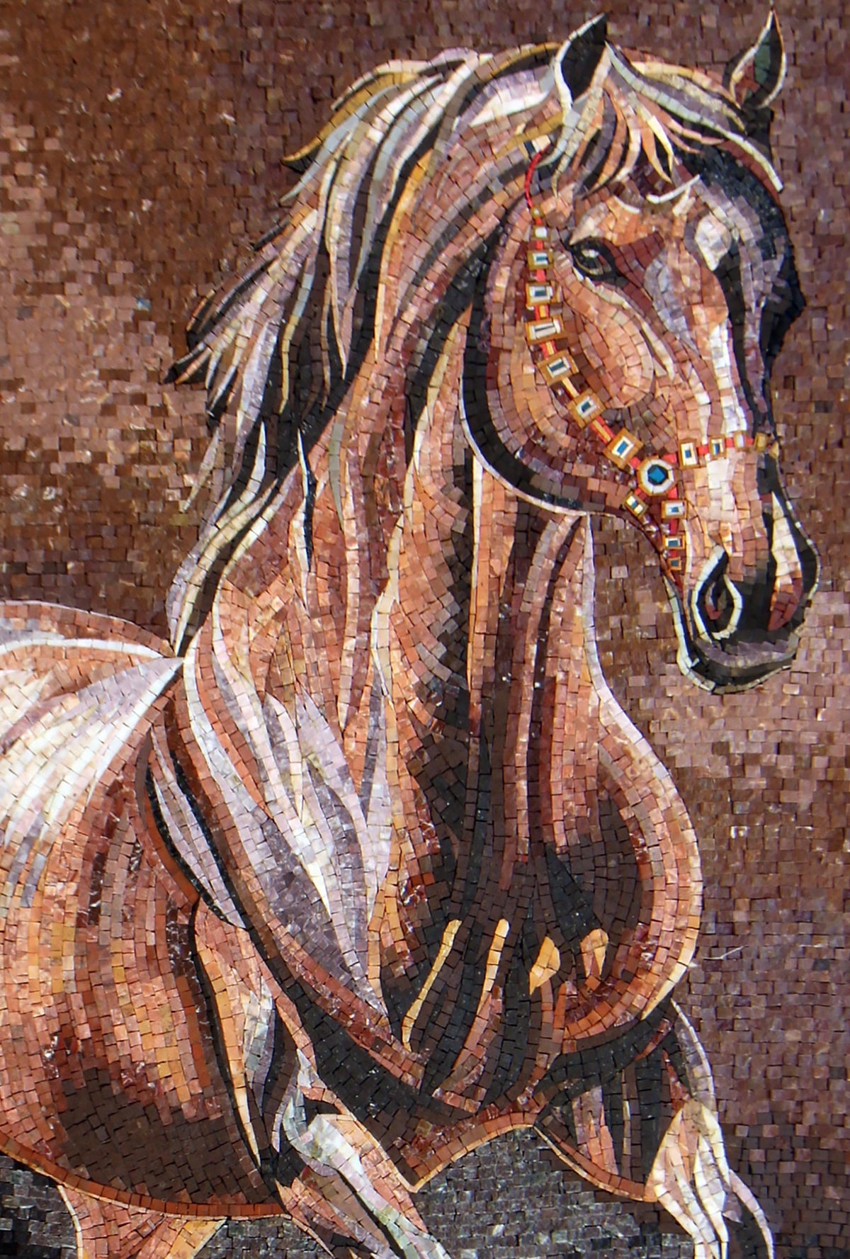 Handmade Horse Mosaic Tile Art: Marble Stone Wall Decor (52” x 36”)