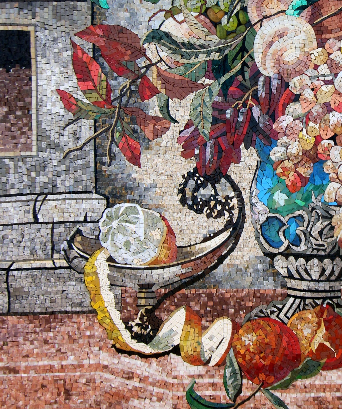 48"x40" Flower and Fruit on Table Mosaic Wall Art – Still Life Scene, Elegant Home Decor, Customization available